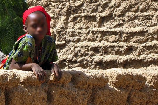 Une petite fille haoussa se tenant sur un mur en argile.