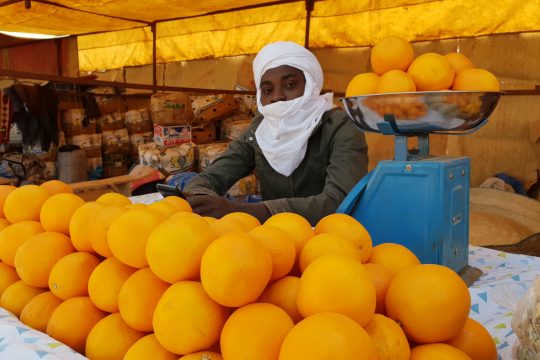 Un producteur maraicher devant son stand à Niamey lors de la foire des produits maraichers d'Agadez de 2019