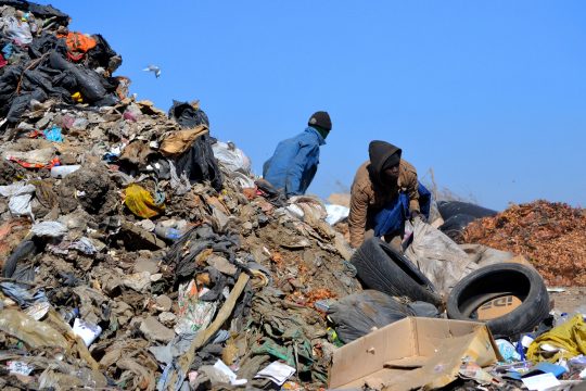 Les personnes travaillant à la décharge locale ramassant des matières recyclables.